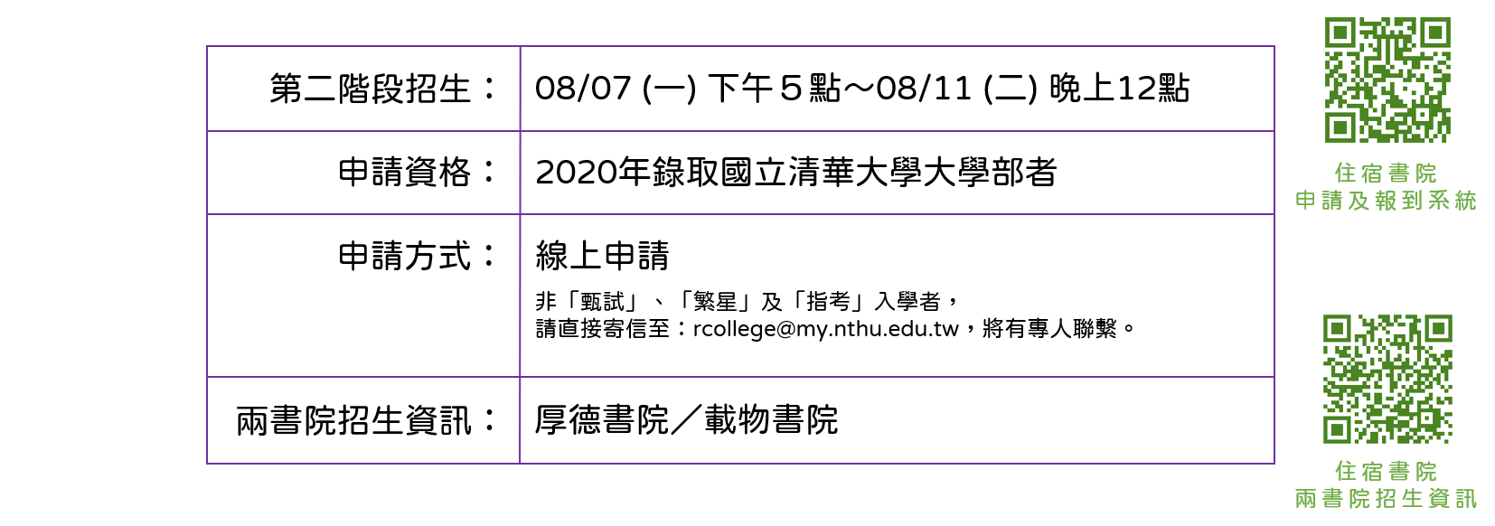 2020住宿書院第二階段招生時程